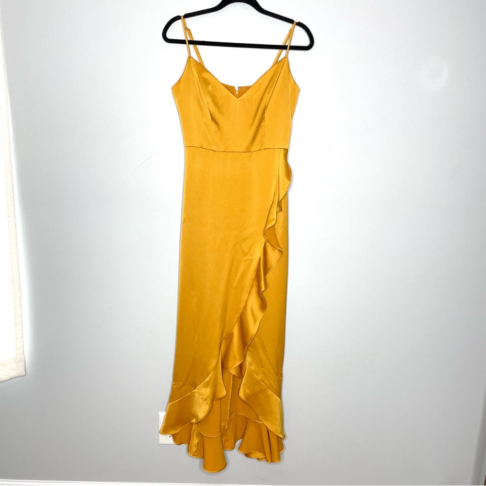 David’s Bridal Satin Ruffle Maxi Dress Gown In Marigold Mustard Yellow Size 8